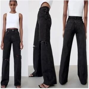 Zara Black High Waisted Wide Leg Distressed Jeans